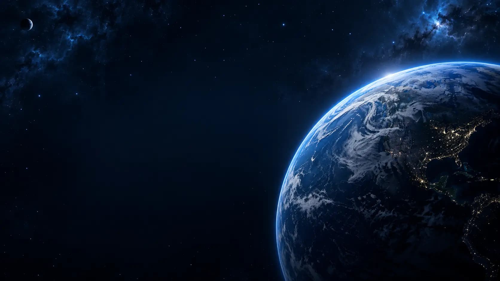 Blaue Erdatmosphäre und beleuchtete Kontinente im Weltraum