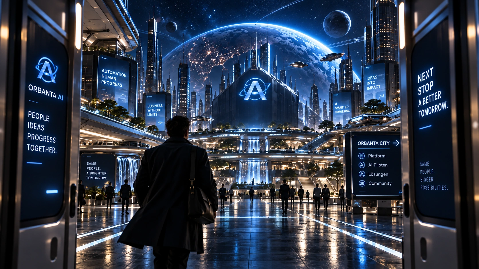 Ein Mensch tritt aus dem Zug hinaus in die leuchtende Orbanta City, über der Stadt der Globus
