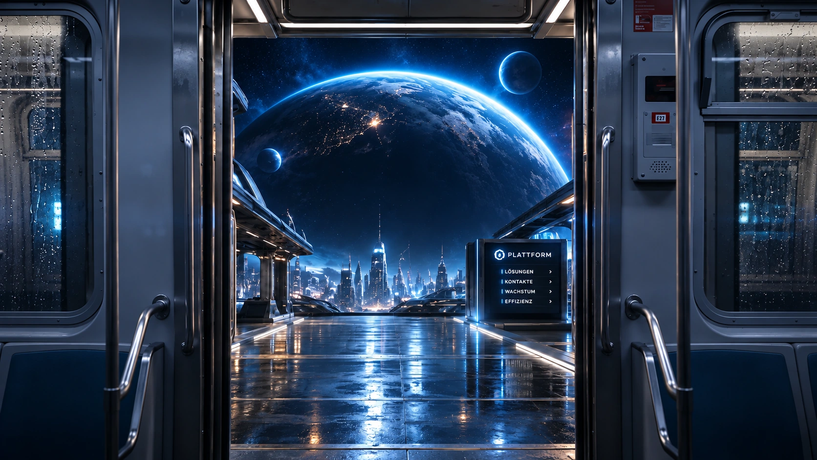 Geöffnete Zugtüren, dahinter ein Bahnsteig unter dem leuchtenden Orbanta-Globus und der Skyline von Orbanta City